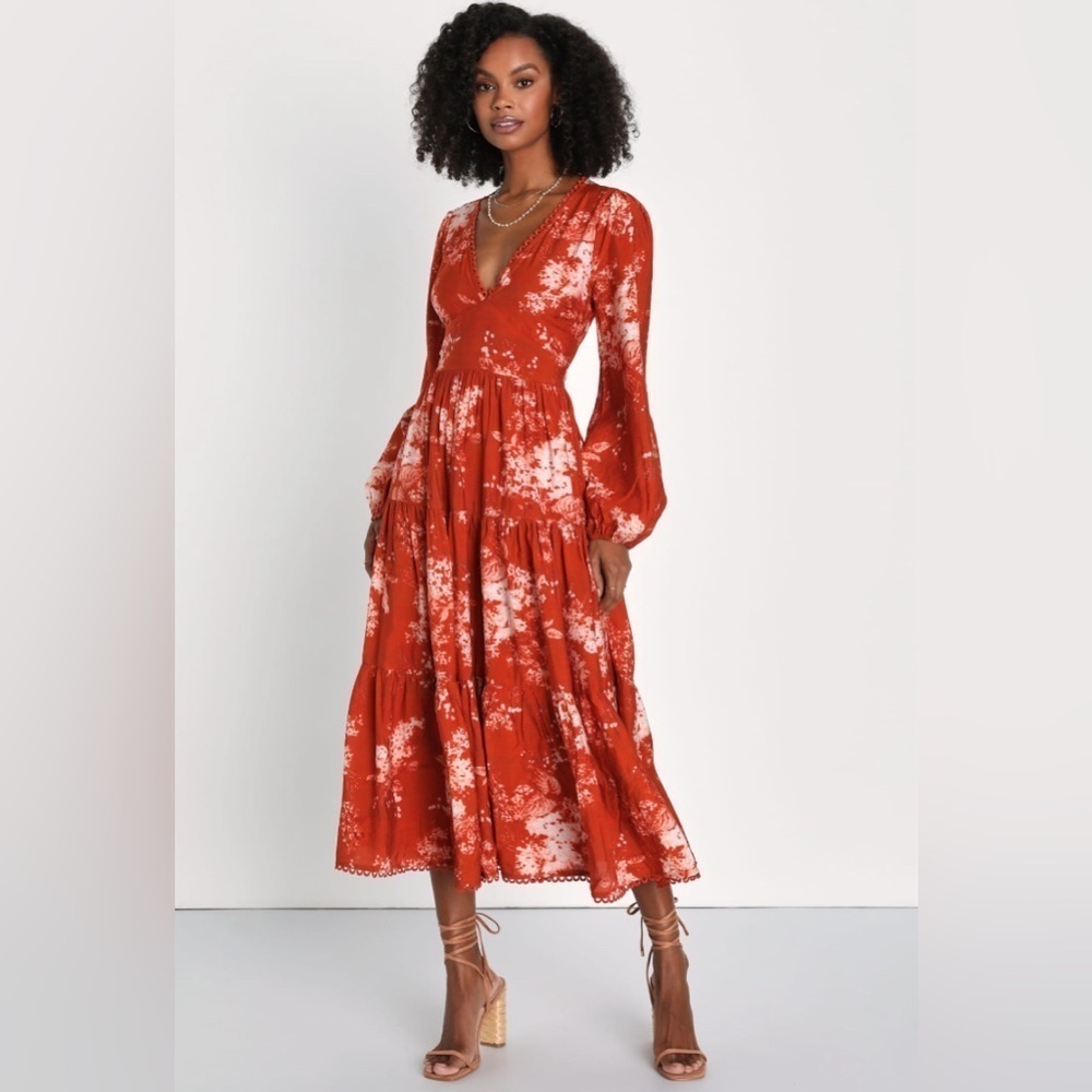 Lulu’s Striking Impression Orange Floral Print Tiered Midi Dress Size Medium NWT - Picture 1 of 7
